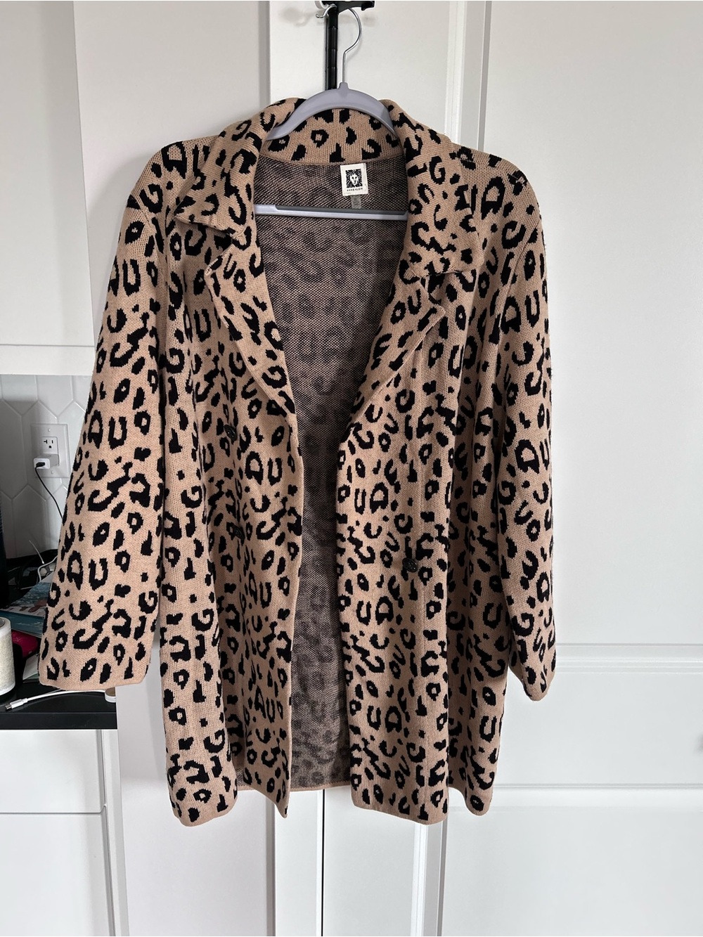 Anne Klein Tan Black Leopard Print Open Front Sweater Blazer Long Cardigan Layer